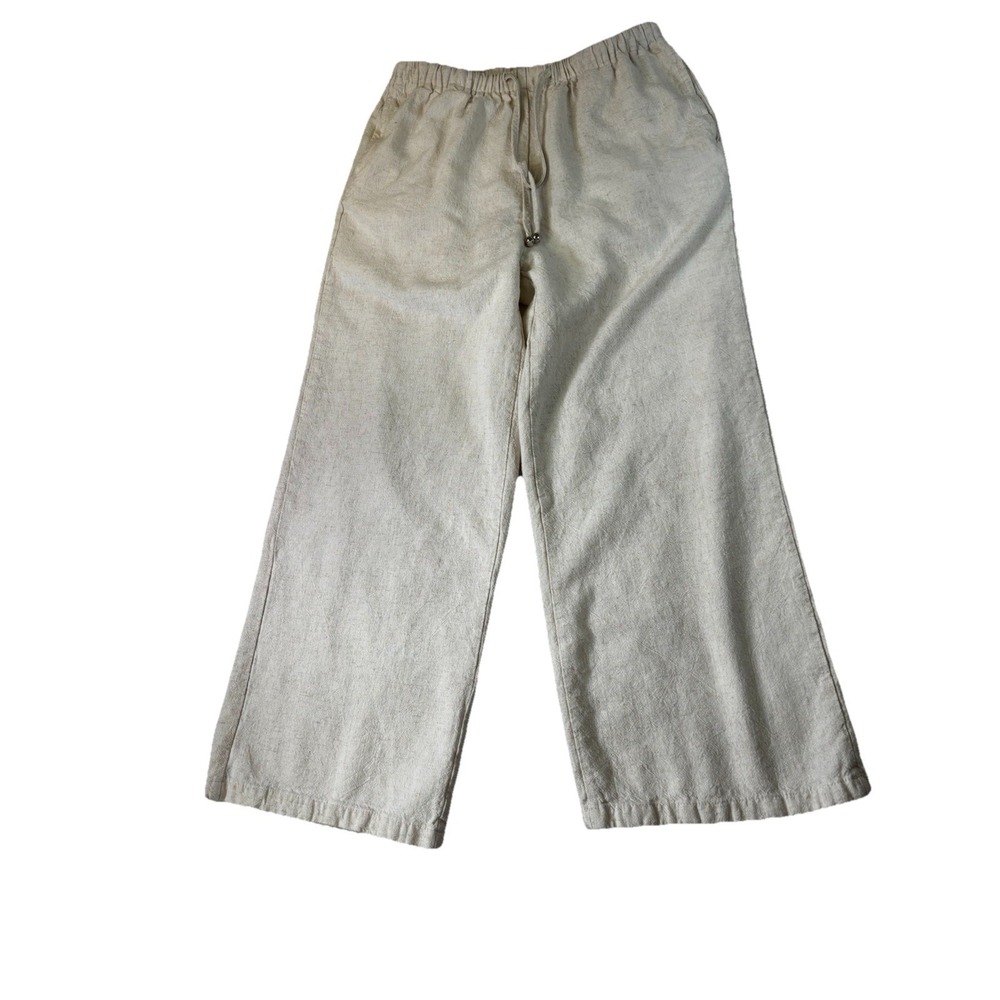LILLUSORY Linen Wide Leg Pants S Oatmeal Elastic Drawstring Summer 26x23